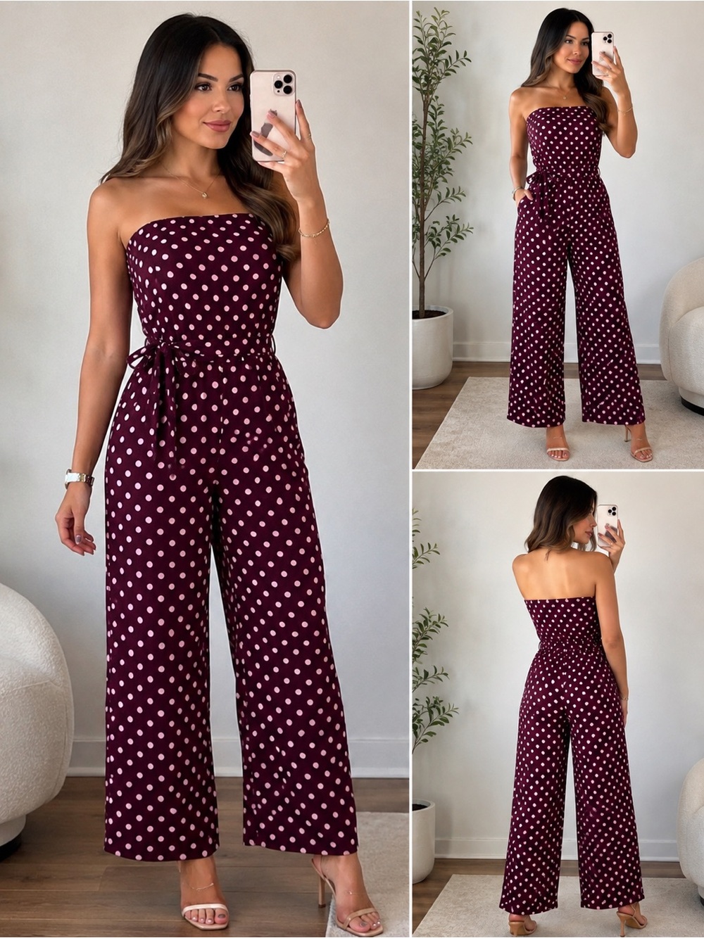 Strapless Burgundy Polka Dot Wide-Leg Jumpsuit